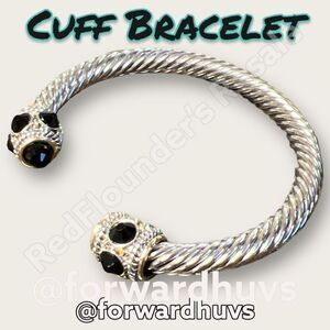 Silver Tone Art Deco Cuff Bracelet - Gold Tone Accent with Black Rhinestone